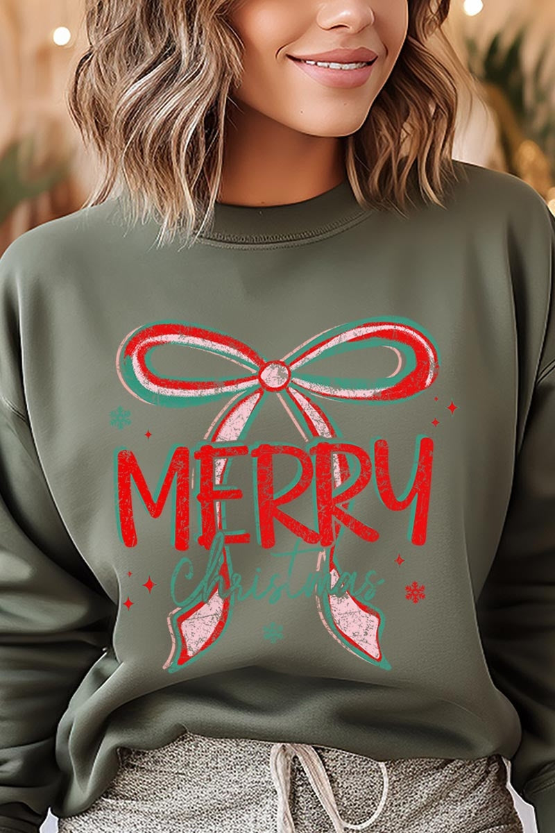 UL180-E3197 Merry Christmas Bow Graphic Sweatshirt $20