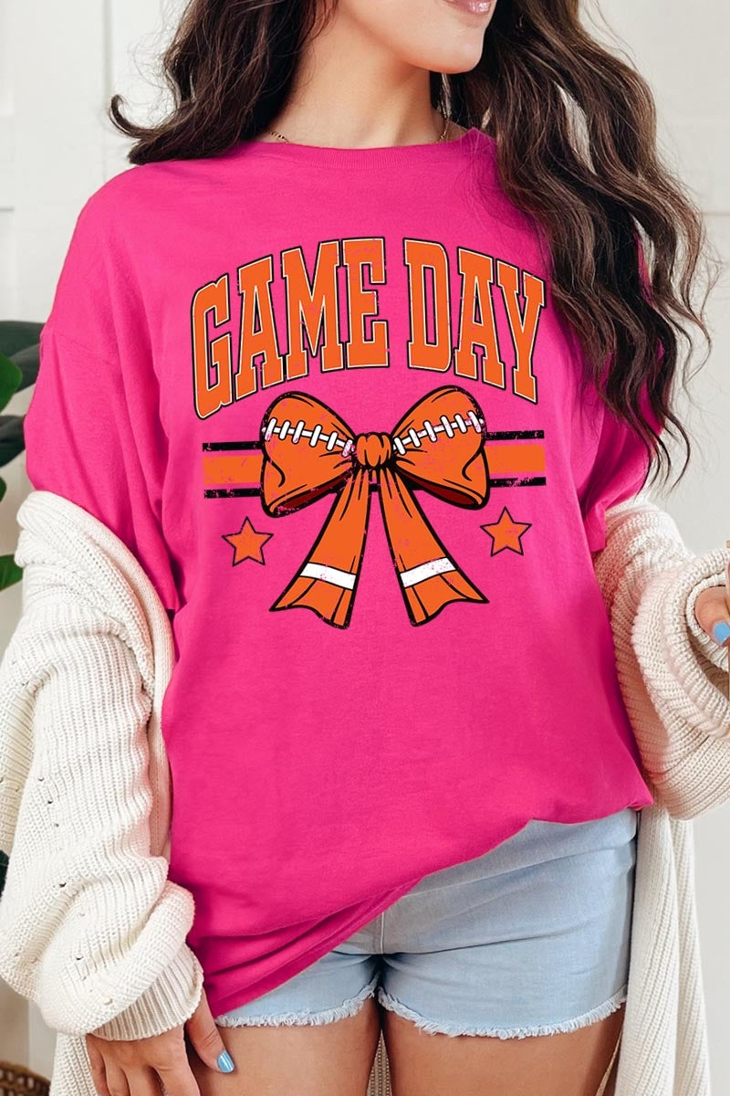 5000-E3064 Orange Football Bow Graphic Heavy Cotton Tee $9