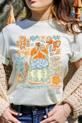 US3001-E3153 Floral Pumpkin Stack Graphic Tee $12.5