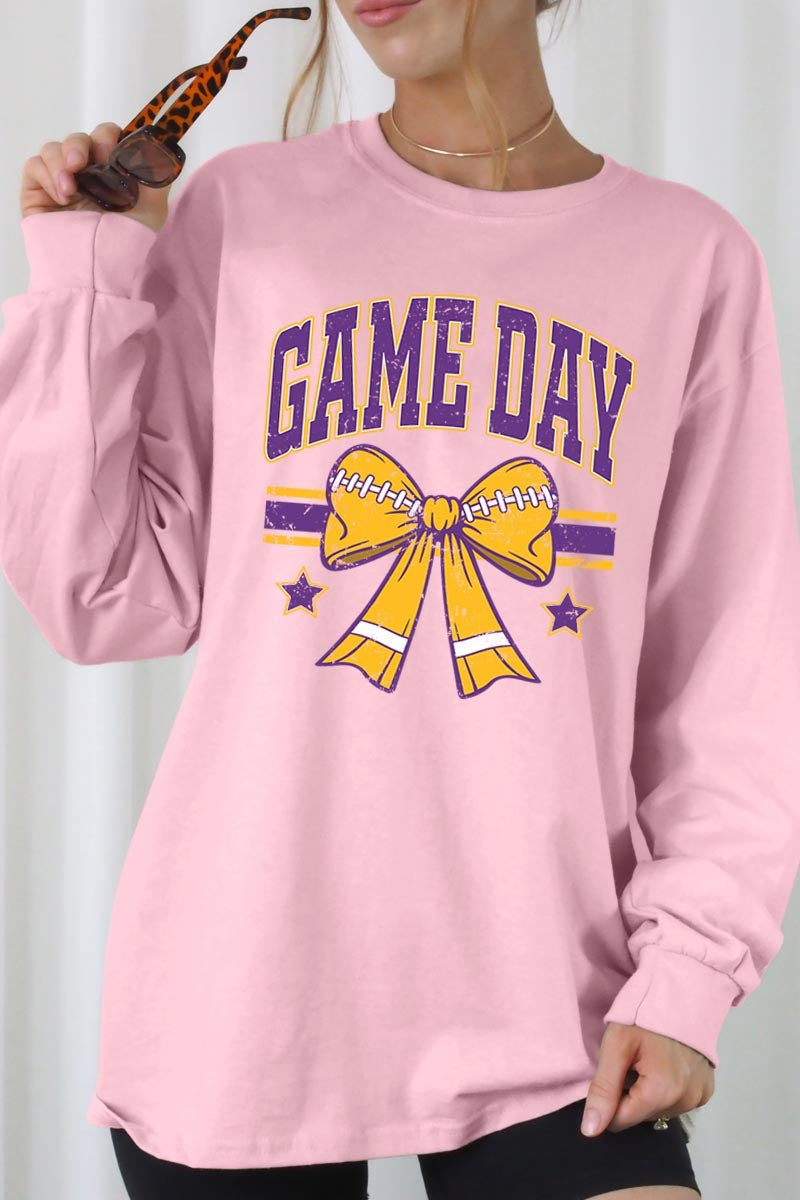 UL240-E3063 Purple Game Day Football Bow Long Sleeve Tee $13.75