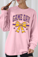 UL240-E3063 Purple Game Day Football Bow Long Sleeve Tee $13.75
