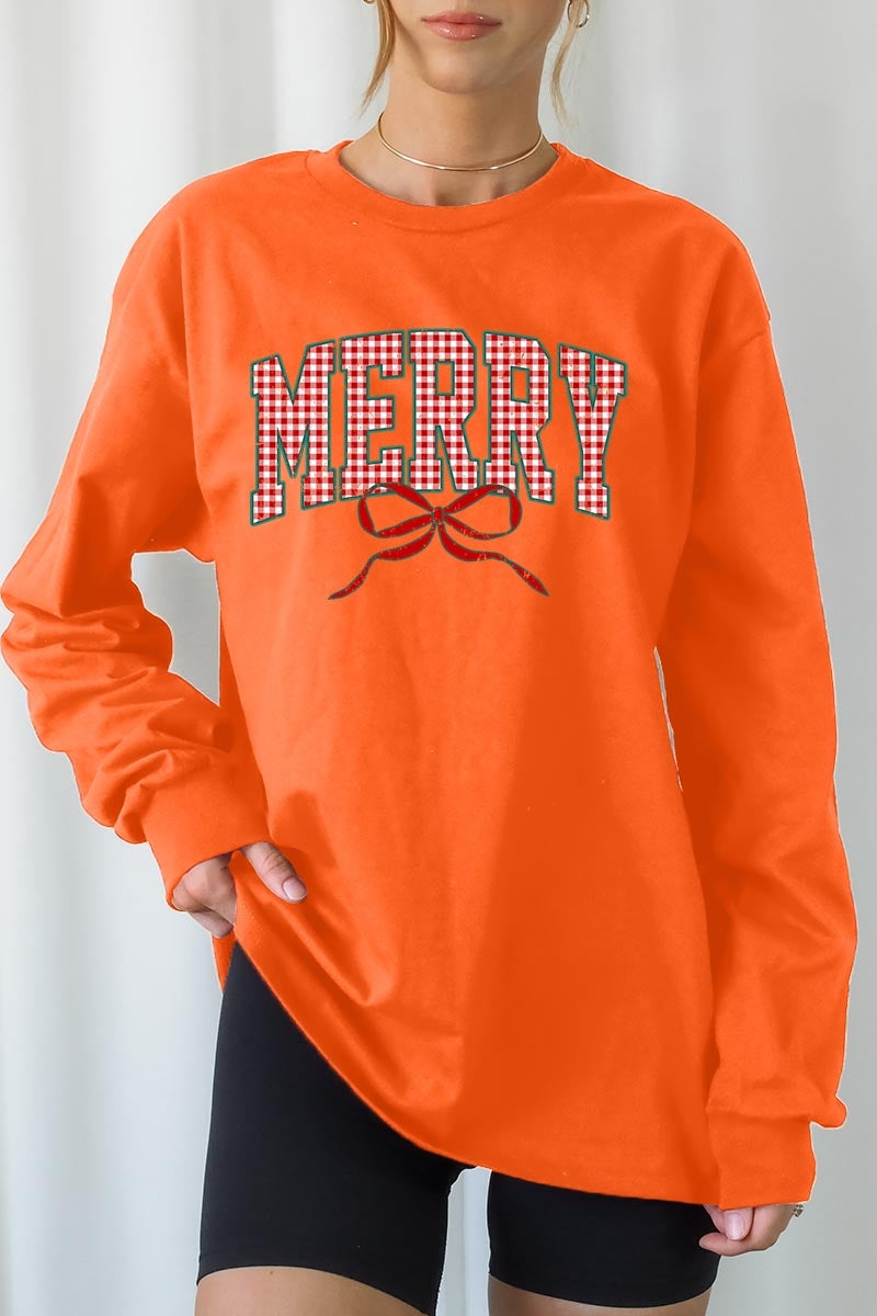UL240P-E3206 Plaid Merry Christmas Bow Graphic Plus Long Sleeve Tee $17