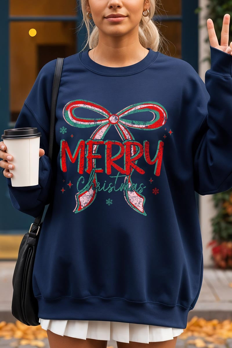 UL180-E3197 Merry Christmas Bow Graphic Sweatshirt $20