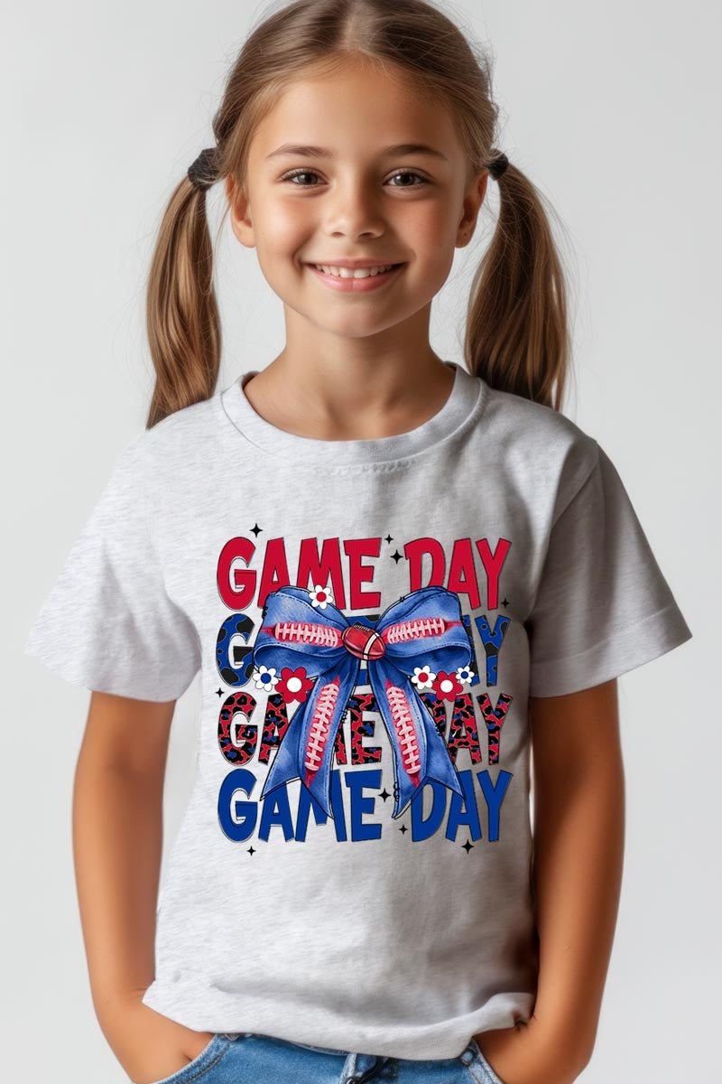 US3001Y-E3087Z Red Blue Football Game Day Bow Kids Graphic Tee $11