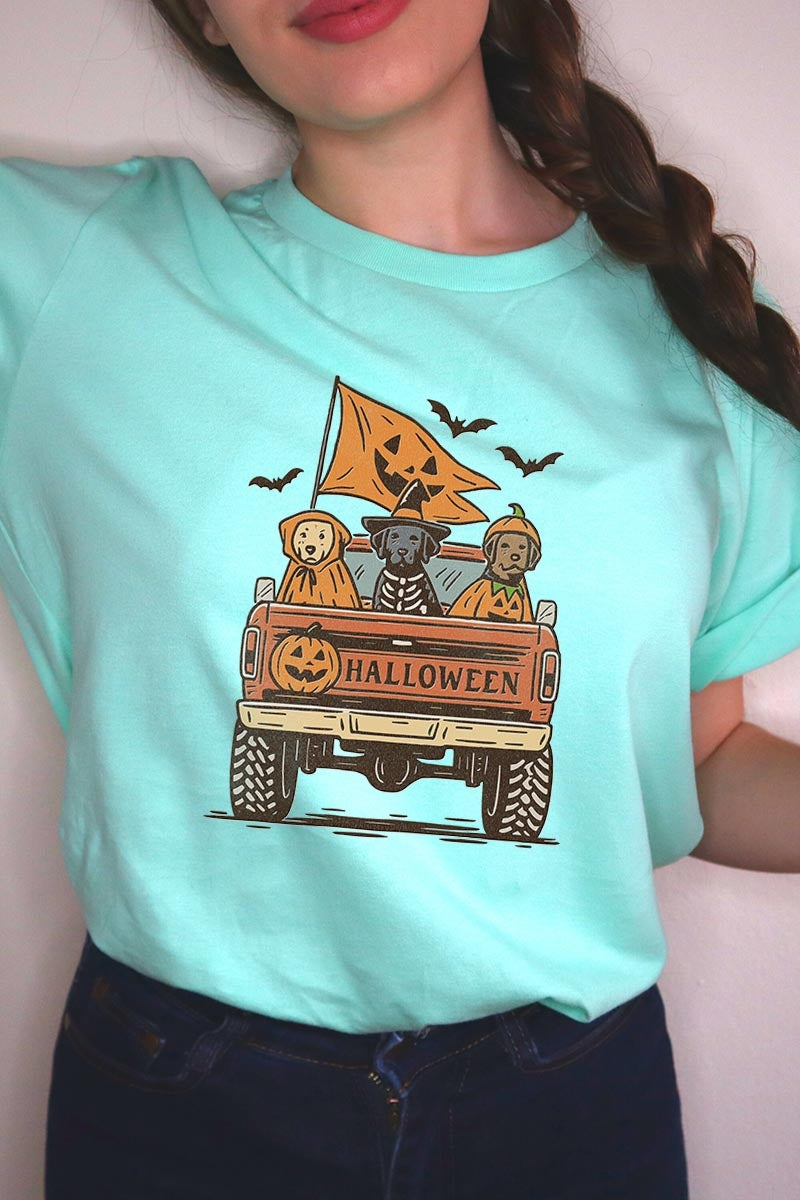 US3001P-E3150 Halloween Truck Dogs Graphic Plus Tee $16
