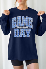 UL240-E3130 Blue Gingham Game Day Graphic Long Sleeve Tee $13.75