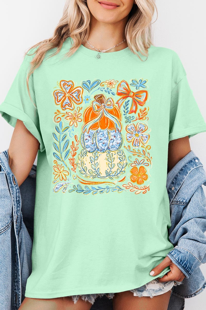 5000-E3153 Floral Pumpkin Stack Graphic Heavy Cotton Tee $9