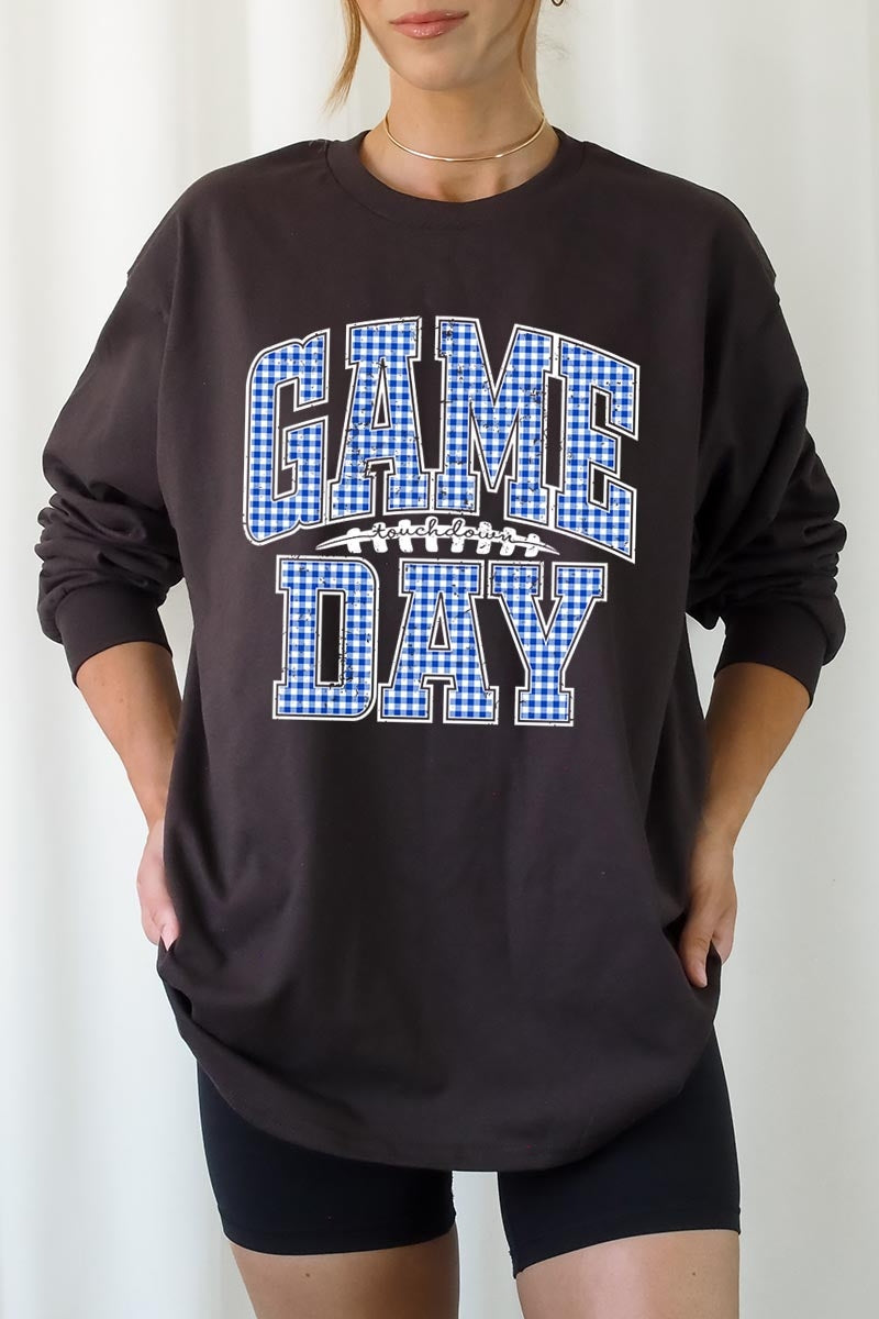 UL240P-E3130 Blue Gingham Game Day Graphic Plus Long Sleeve Tee $17
