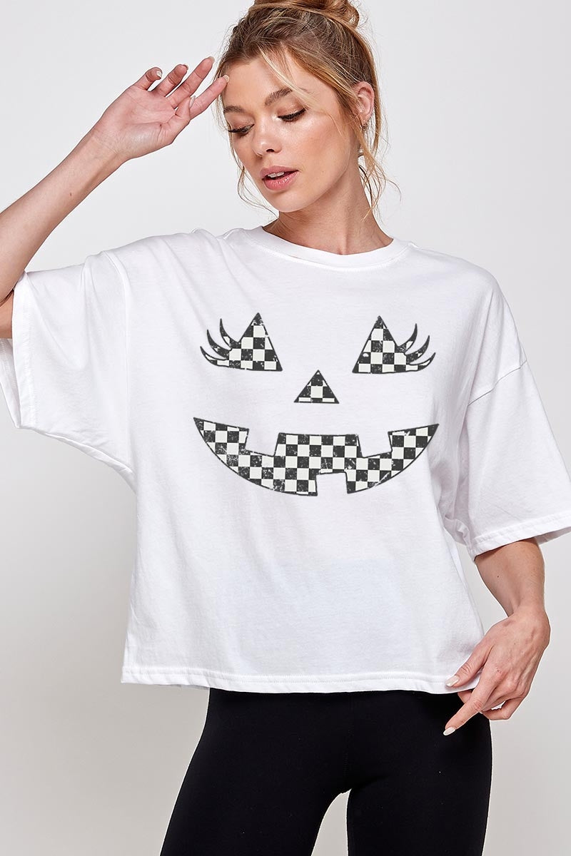 CTS-E3149 Checker Pumpkin Face Graphic Relaxed Crop Top $11