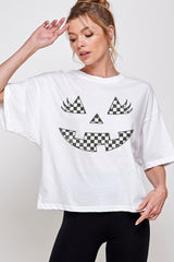 CTS-E3149 Checker Pumpkin Face Graphic Relaxed Crop Top $11