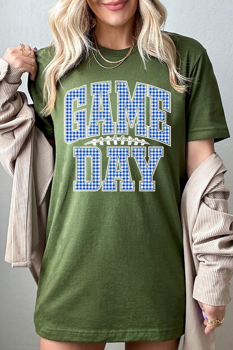 US3001-E3130 Blue Gingham Game Day Graphic Tee $12.5