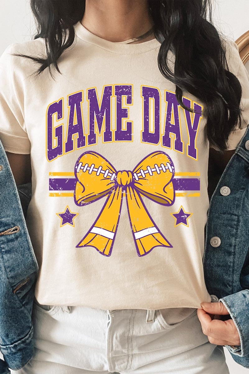 US3001-E3063 Purple Game Day Football Bow Graphic Tee $12.5