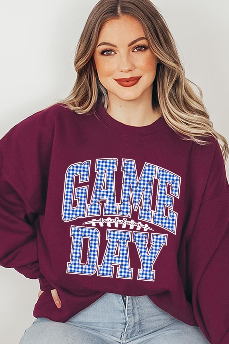 UL180P-E3130 Blue Gingham Game Day Graphic Plus Sweatshirt $25
