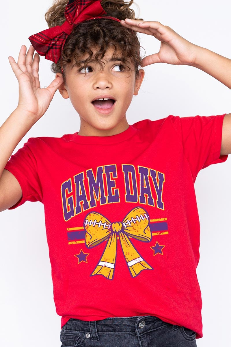 US3001Y-E3063Z Purple Game Day Football Bow Kids Graphic Tee $11