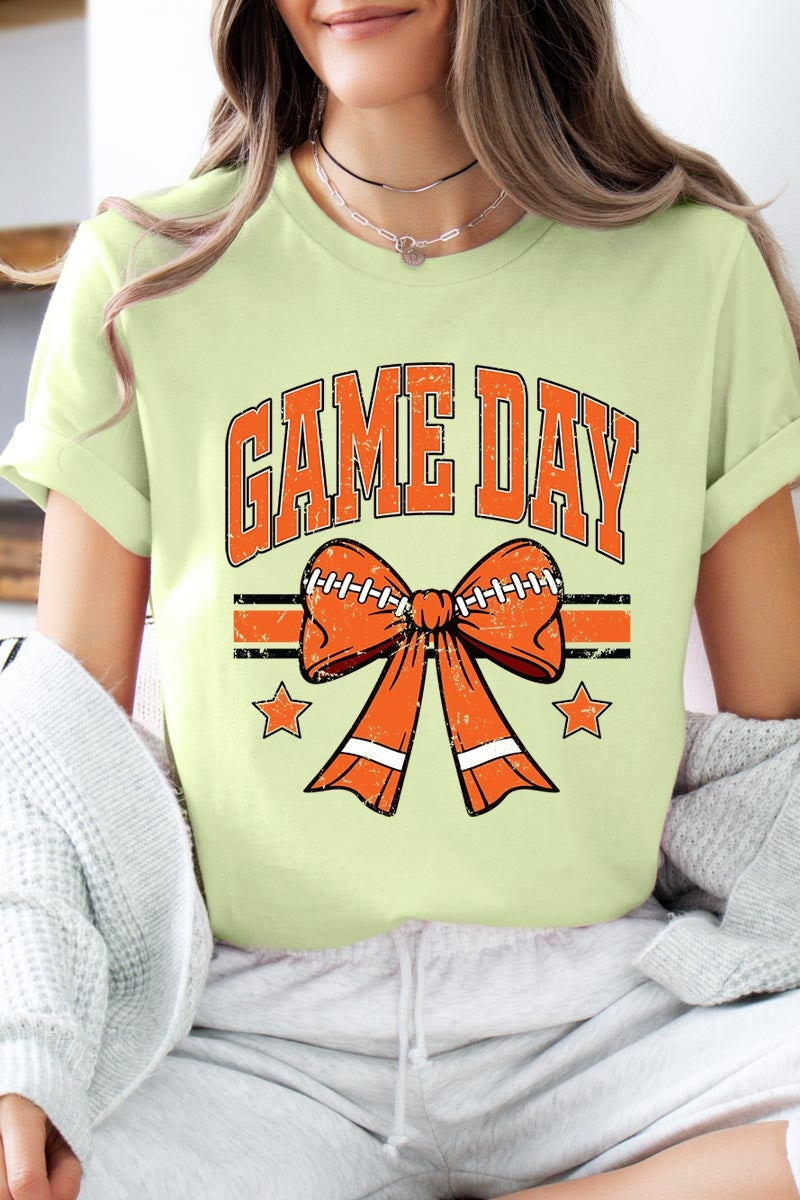 US3001-E3064 Orange Game Day Football Bow Graphic Tee $12.5