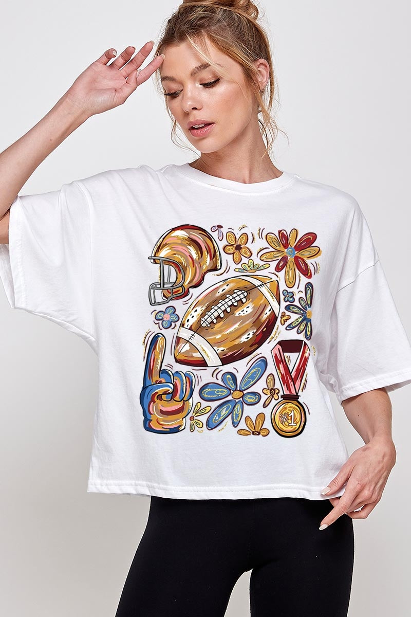 CTS-E3072 Retro Floral Football Graphic Relaxed Crop Top $11