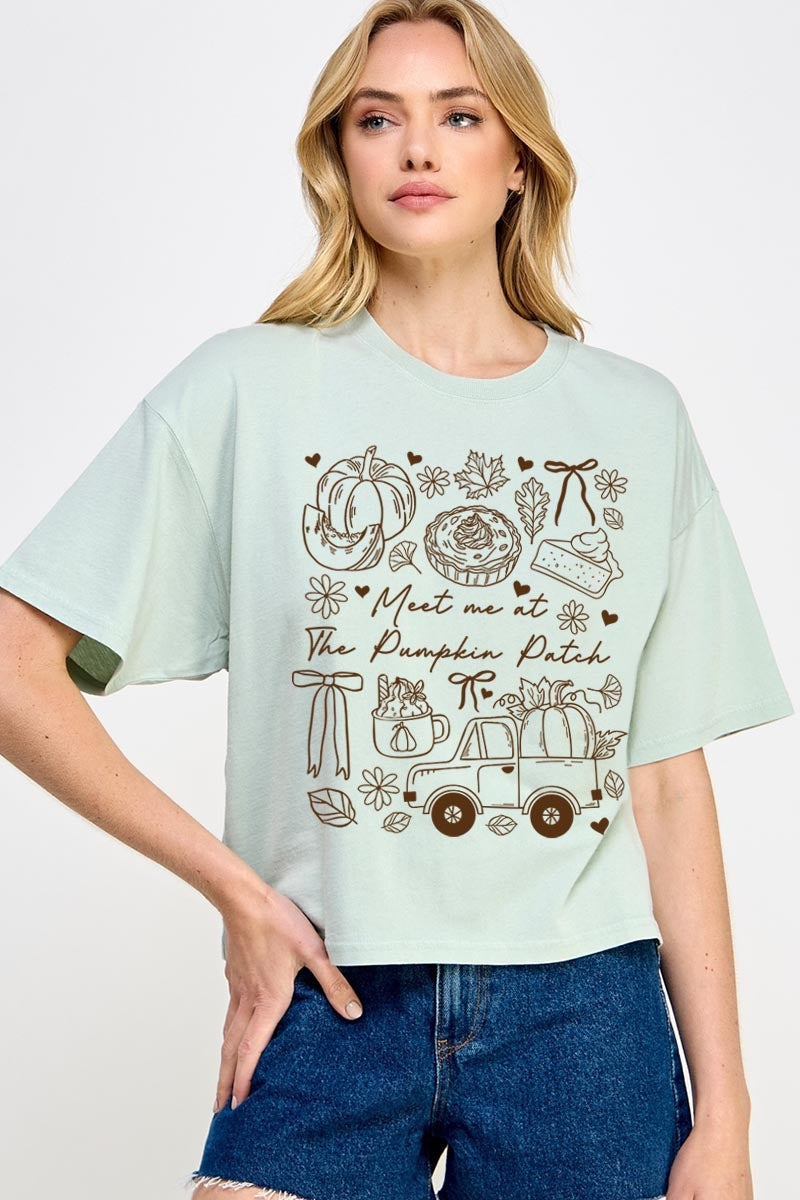 CTS-E3163 Pumpkin Patch Doodle Graphic Relaxed Crop Top $11