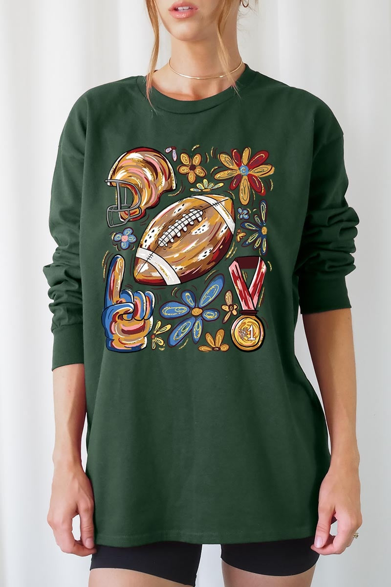 UL240-E3072 Retro Floral Football Graphic Long Sleeve Tee $13.75