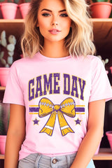 US3001-E3063 Purple Game Day Football Bow Graphic Tee $12.5