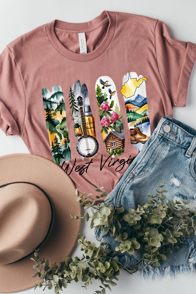 US3001-E3061WV West Virginia State Brushstroke Graphic Tee $12.5