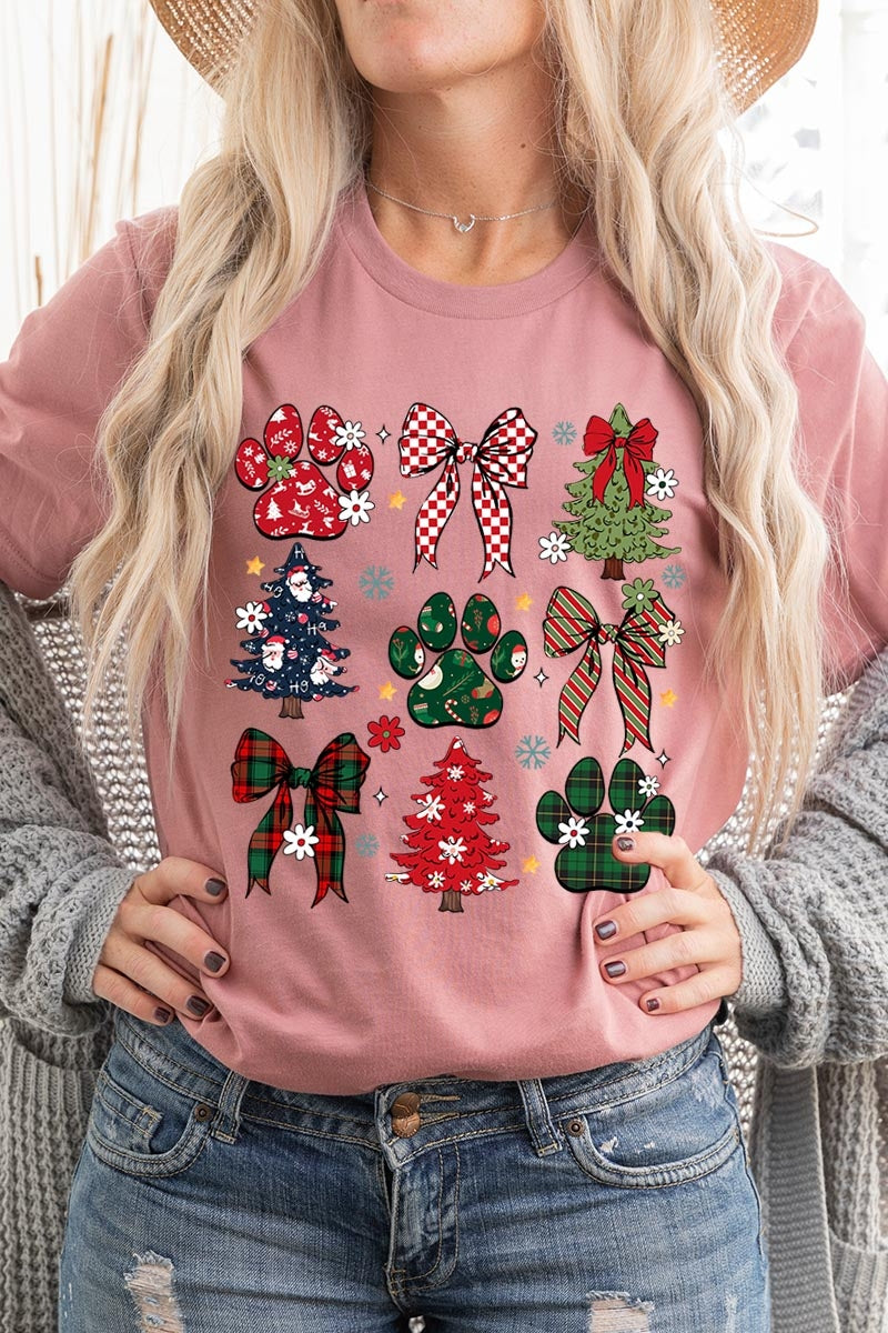 US3001-E3195 Christmas Bow Paw Graphic Tee $12.5