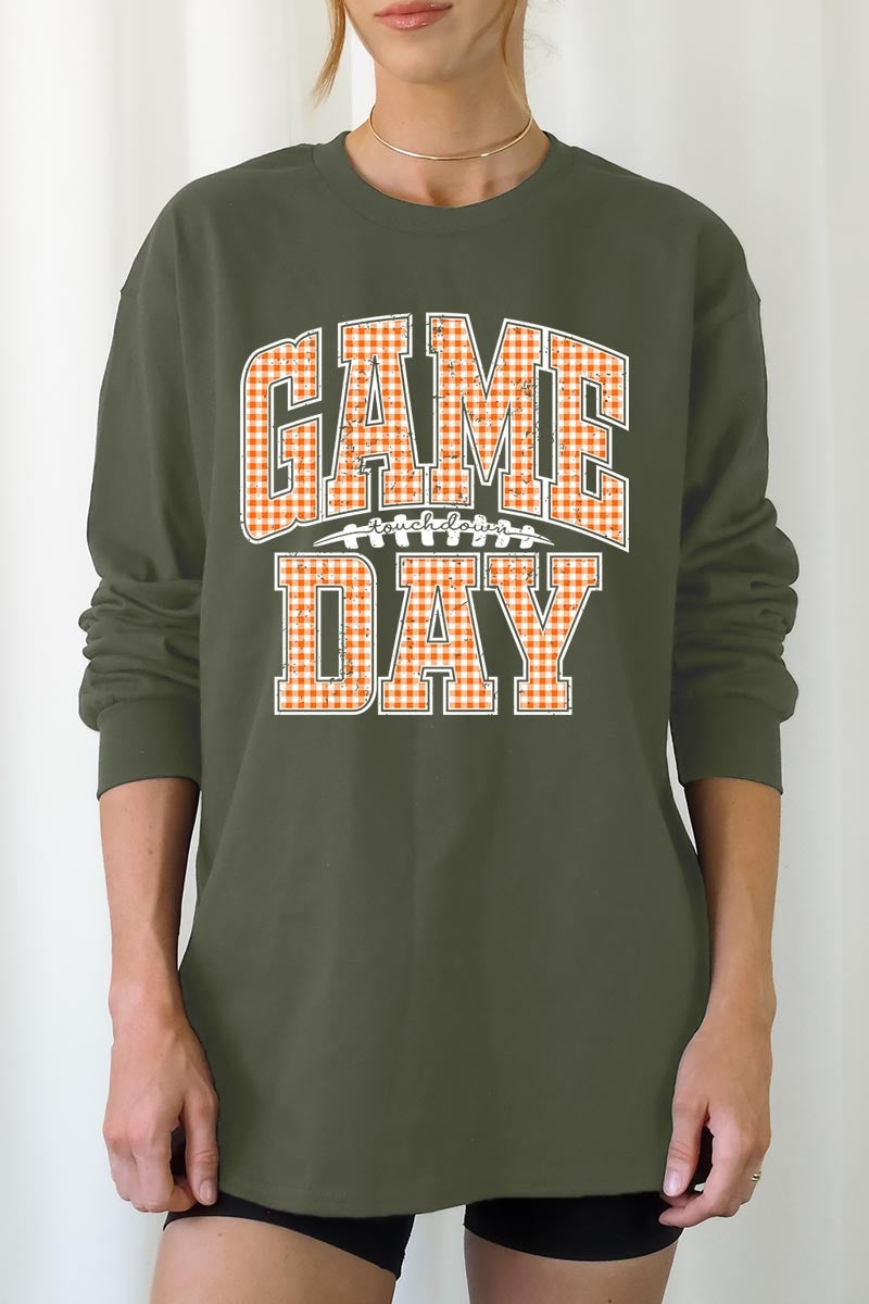 UL240P-E3129 Orange Gingham Game Day Plus Long Sleeve Tee $17