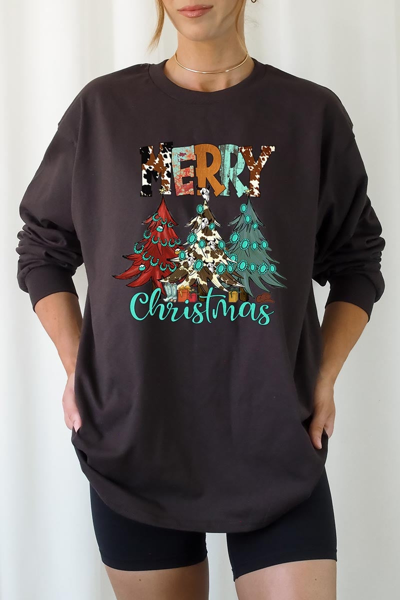UL240-E3200 Merry Christmas Trees Graphic Long Sleeve Tee $13.75