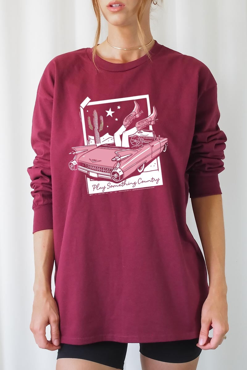 UL240-E3098 Play Something Country Graphic Long Sleeve Tee $13.75