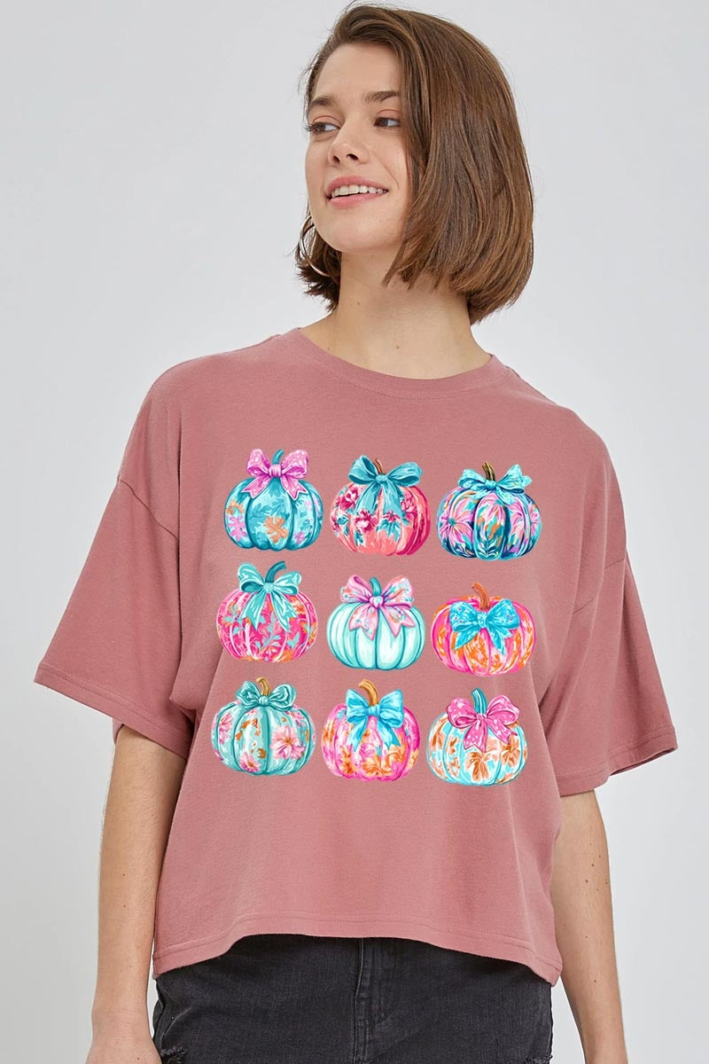 CTS-E3137 Coquette Pumpkin Graphic Relaxed Crop Top $11