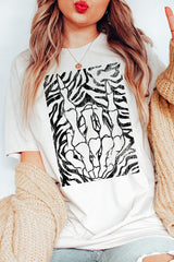 US3001P-E3177 Skeleton Hands Zebra Graphic Plus Tee $16