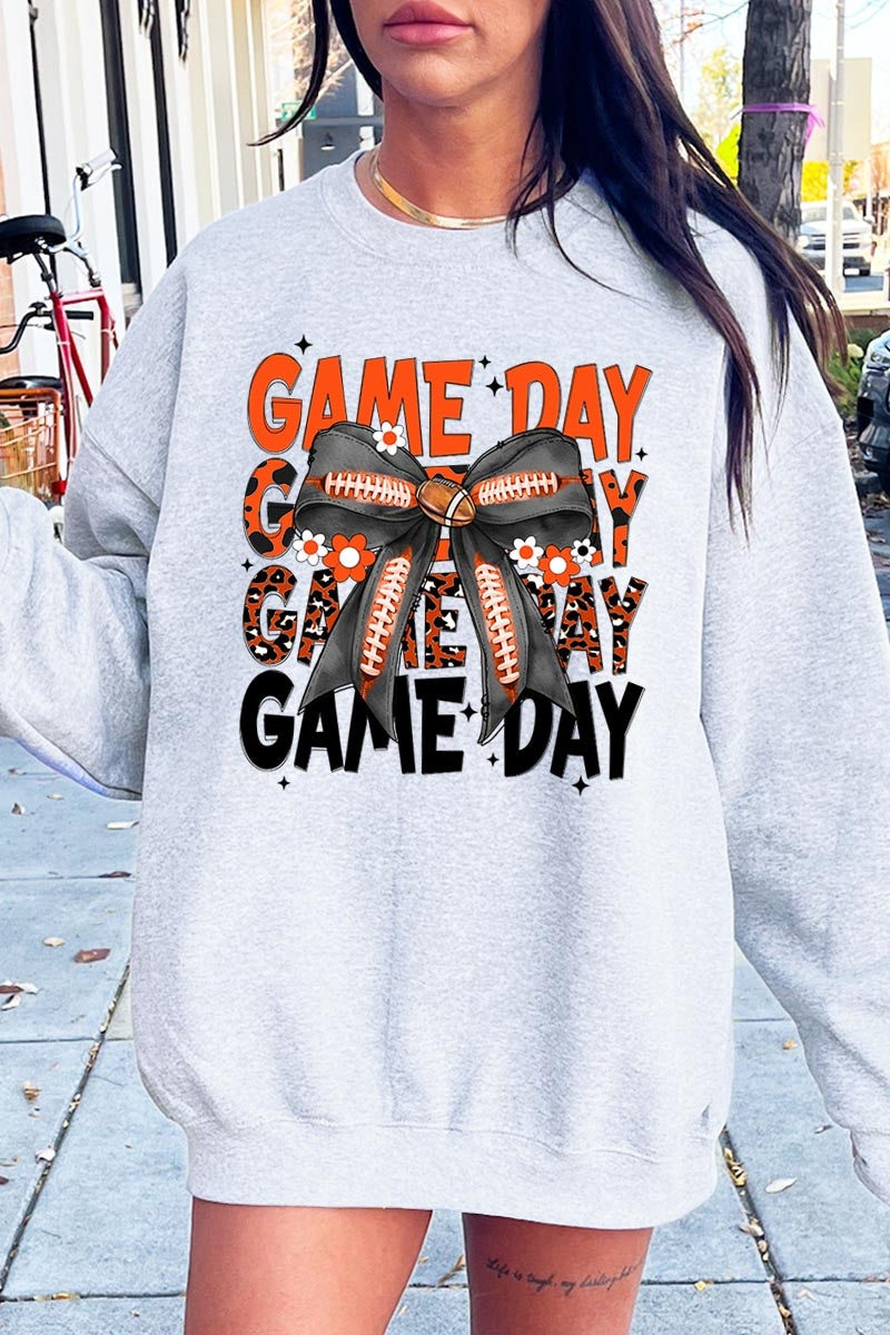 UL180P-E3088 Orange Black Football Game Day Bow Plus Sweatshirt $25
