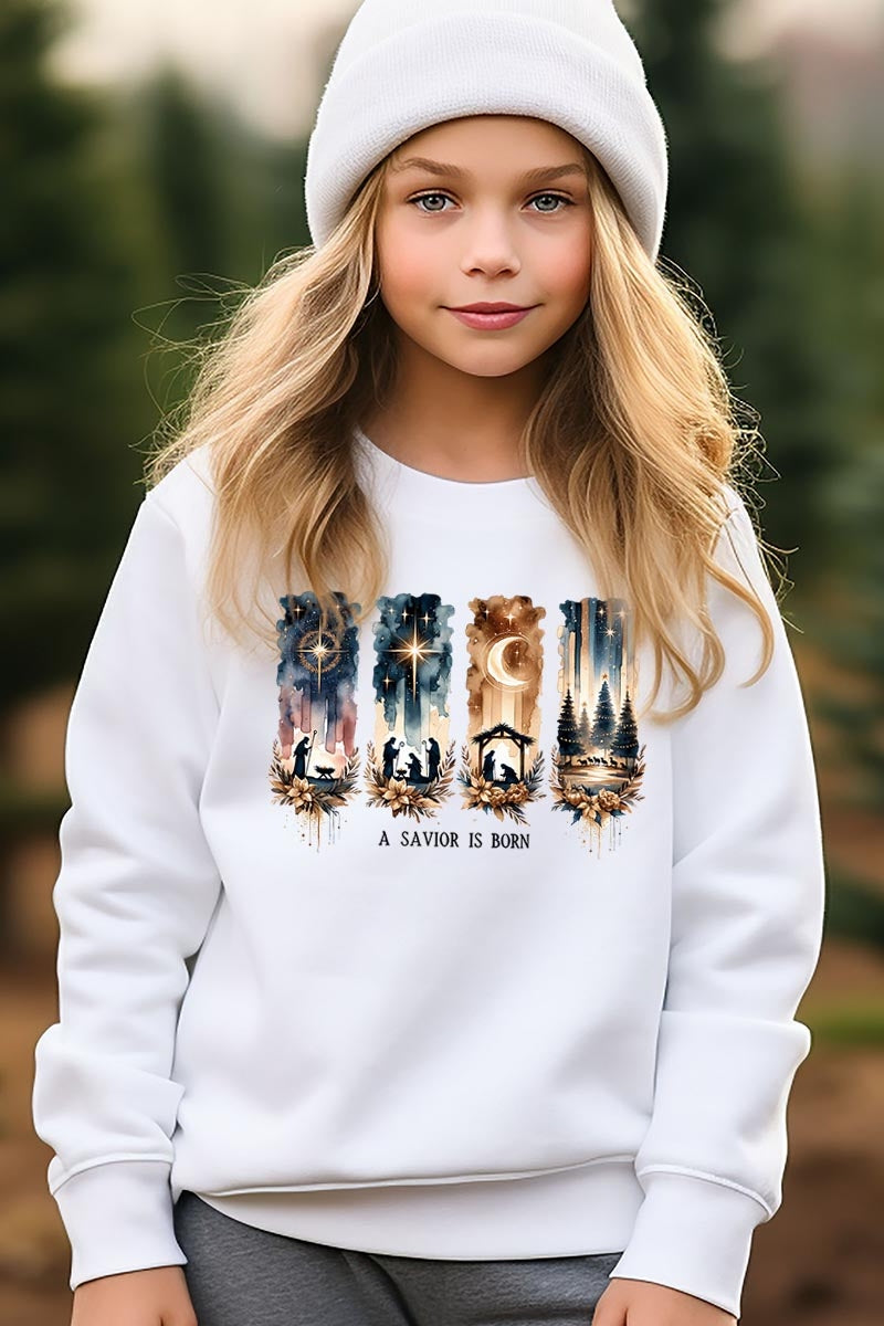 UL180B-E3204Z Savior Is Born Nativity Kids Graphic Sweatshirt $20
