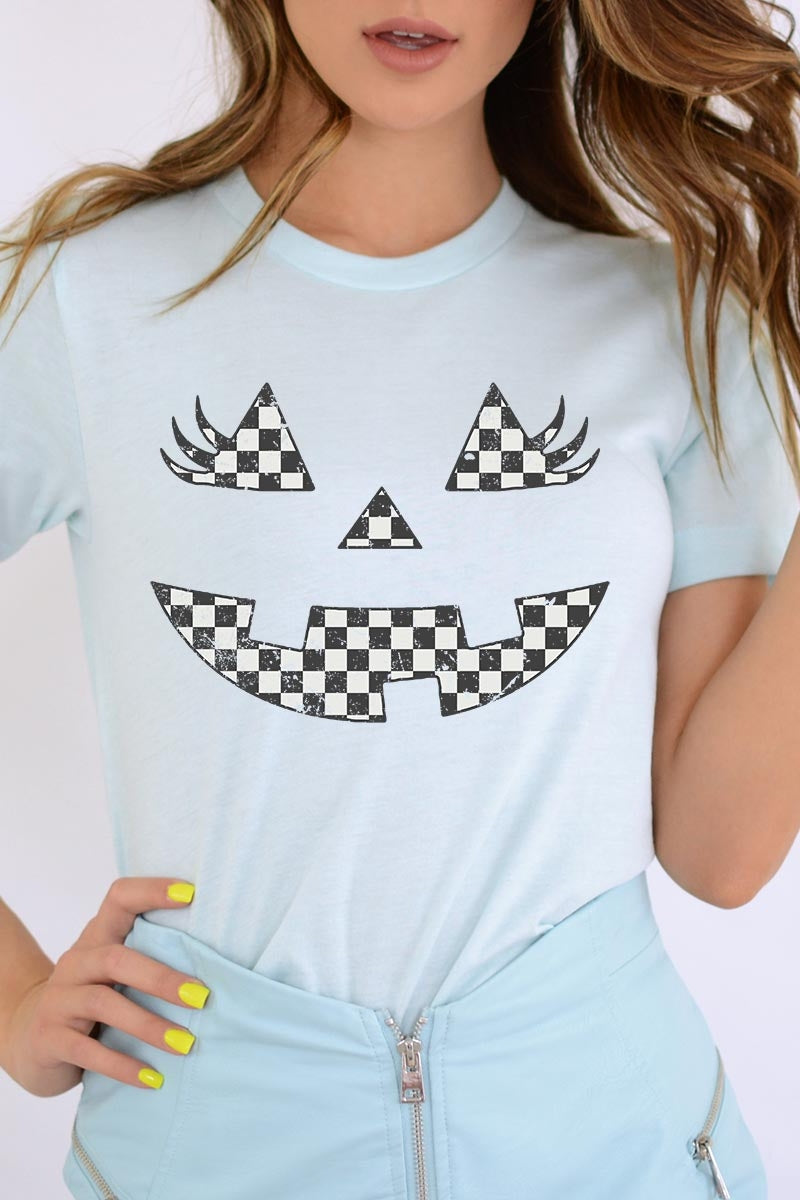 US3001-E3149 Checker Pumpkin Face Graphic Tee $12.5