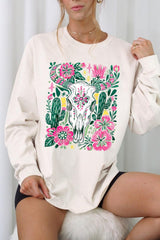 UL240-E3086 Western Floral Cow Skull Graphic Long Sleeve Tee $13.75