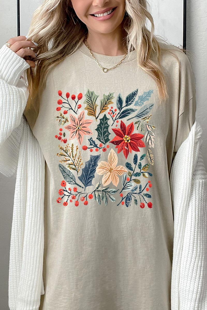 5000-E3186 Floral Christmas Graphic Heavy Cotton Tee $9