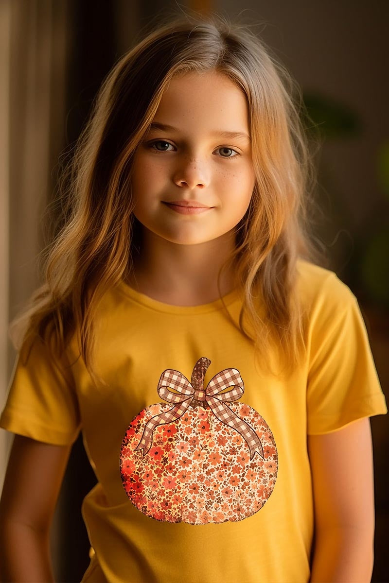 US3001Y-E3135Z Floral Fall Pumpkin Kids Graphic Tee $11