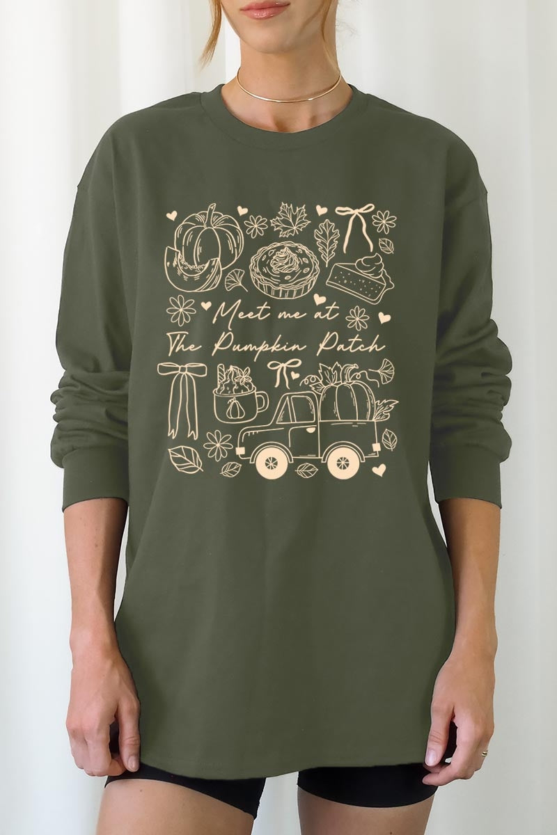 UL240P-E3163 Pumpkin Patch Doodle Graphic Plus Long Sleeve Tee $17