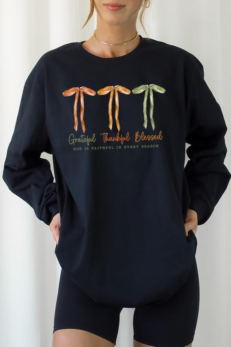 UL240-E3111 Grateful Thankful Blessed Graphic Long Sleeve Tee $13.75