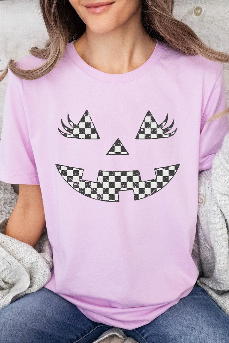 US3001-E3149 Checker Pumpkin Face Graphic Tee $12.5