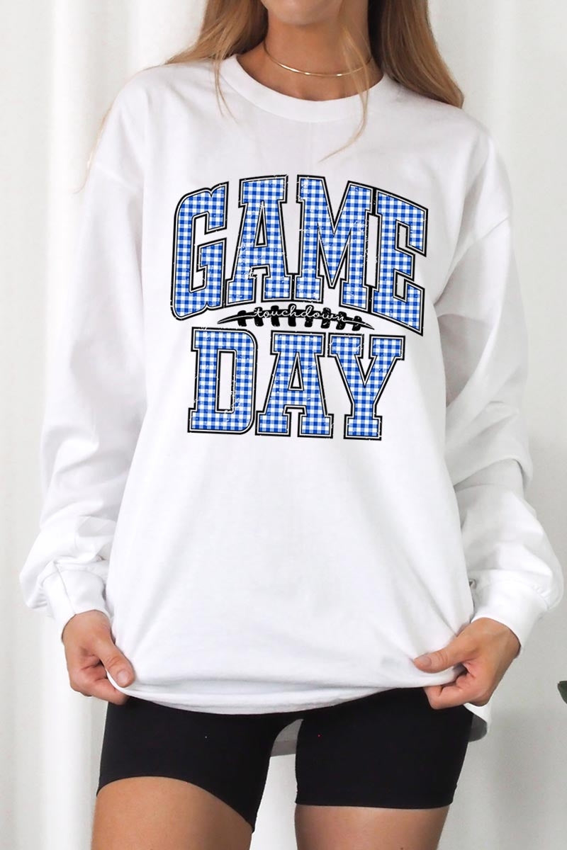 UL240-E3130 Blue Gingham Game Day Graphic Long Sleeve Tee $13.75