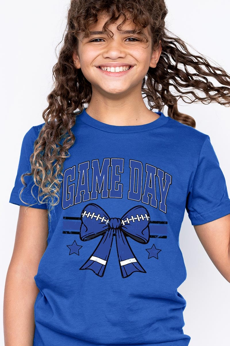 US3001Y-E3065Z Blue Game Day Football Bow Kids Graphic Tee $11