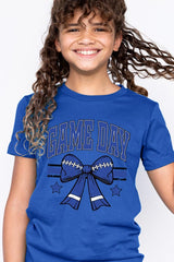 US3001Y-E3065Z Blue Game Day Football Bow Kids Graphic Tee $11