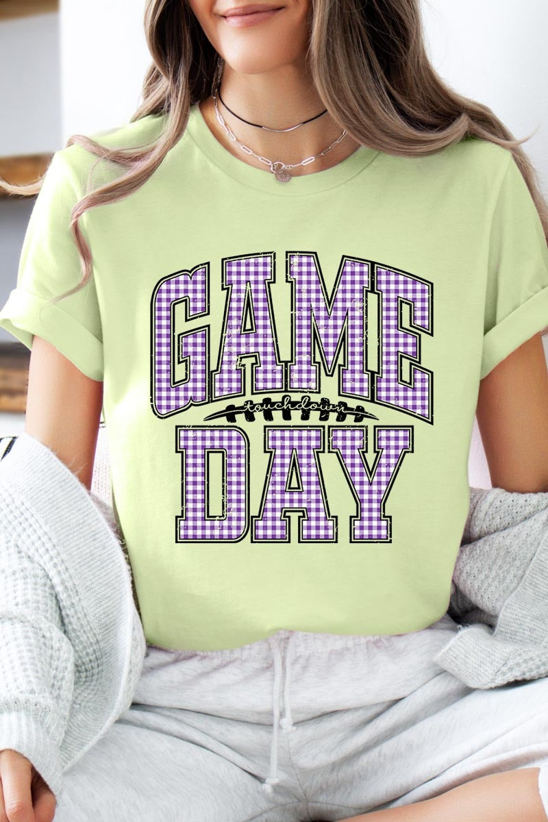 US3001P-E3127 Purple Gingham Game Day Graphic Plus Tee $16
