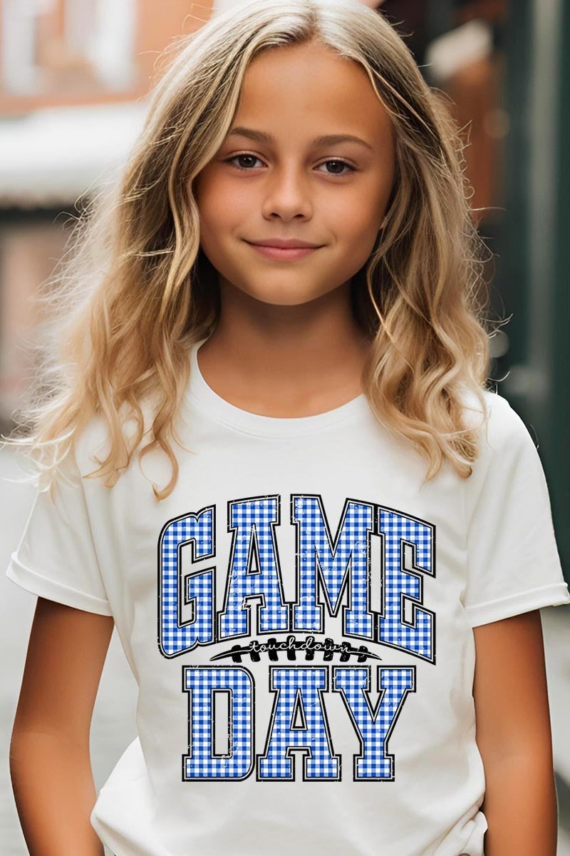US3001Y-E3130Z Blue Gingham Game Day Kids Graphic Tee $11