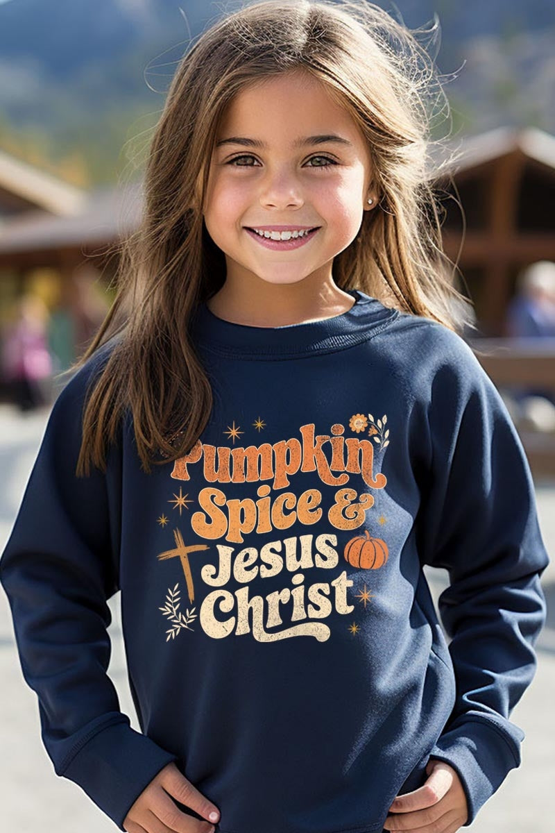 UL180B-E3164Z Pumpkin Spice & Jesus Kids Graphic Sweatshirt $20