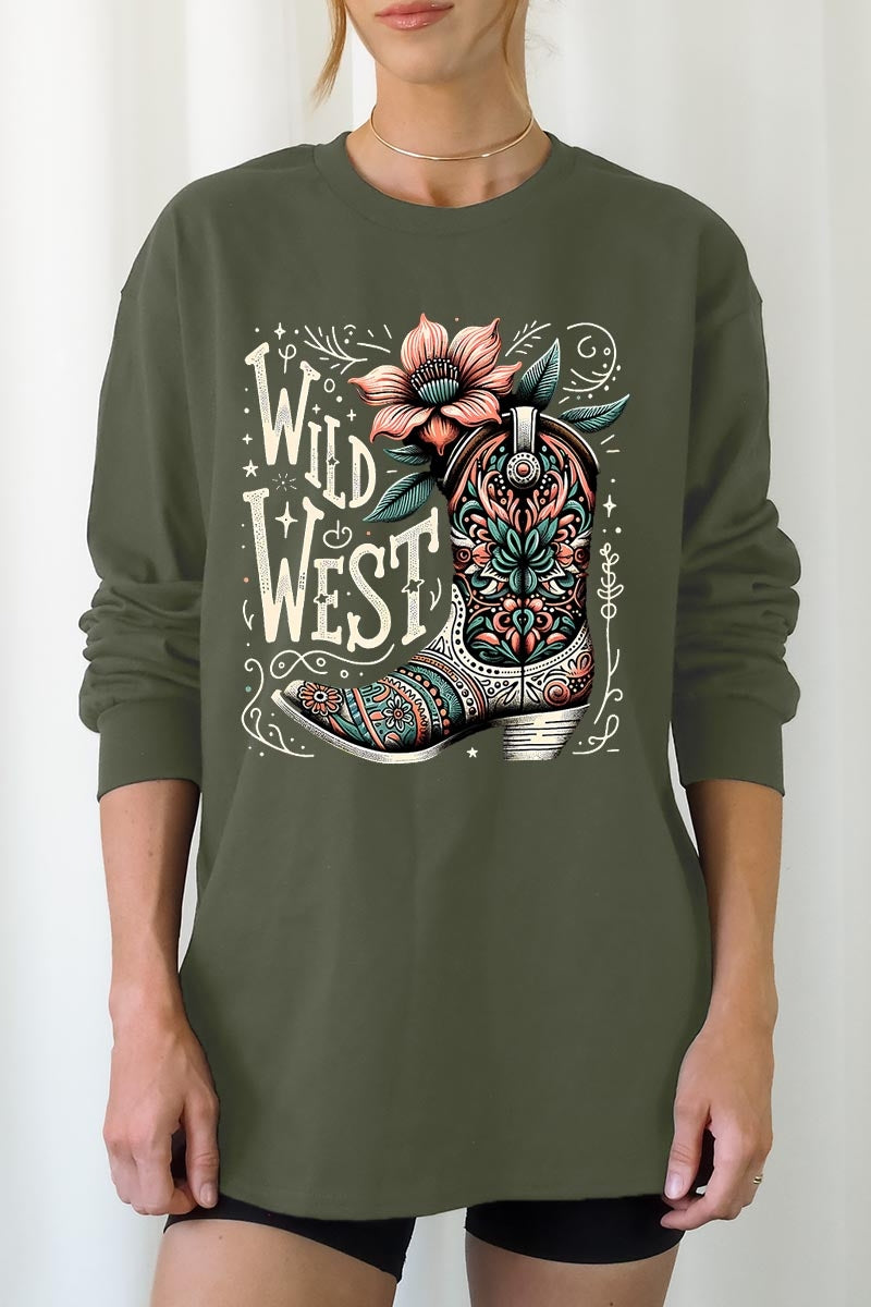 UL240-E3100 Wild West Cowgirl Boot Graphic Long Sleeve Tee $13.75