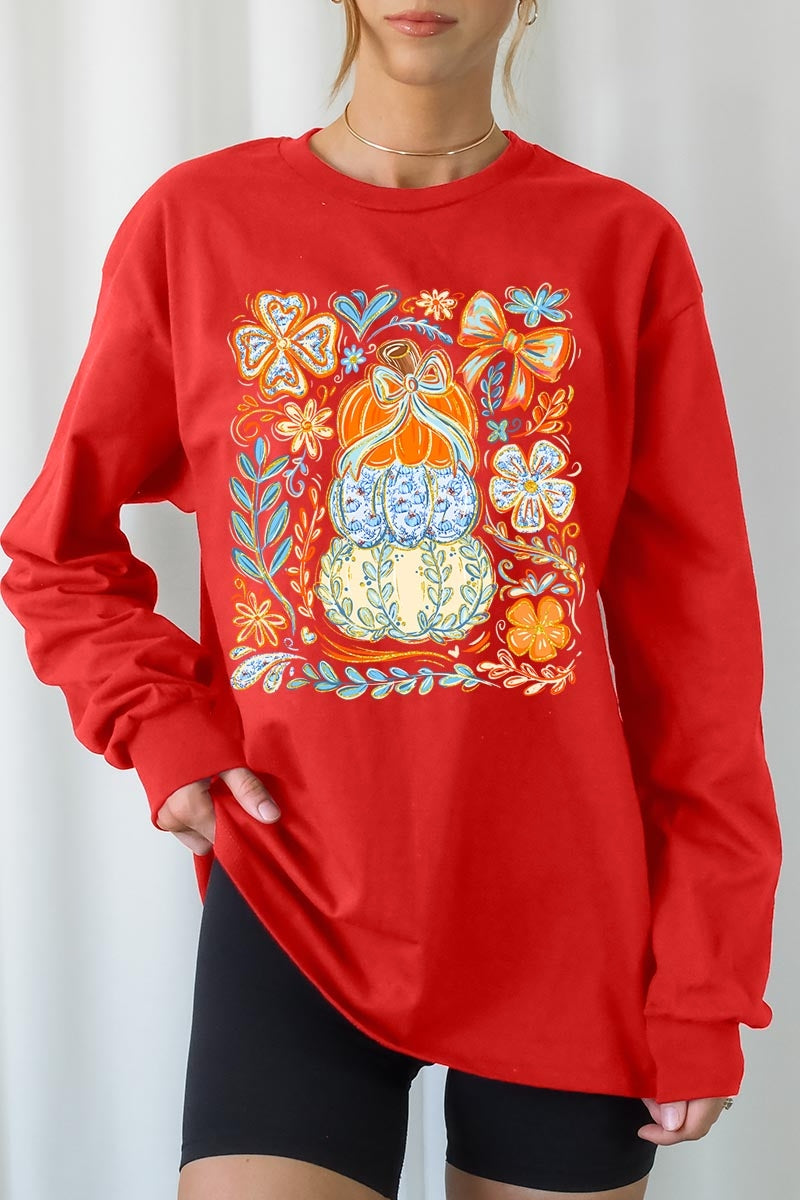 UL240P-E3153 Floral Pumpkin Stack Graphic Plus Long Sleeve Tee $17
