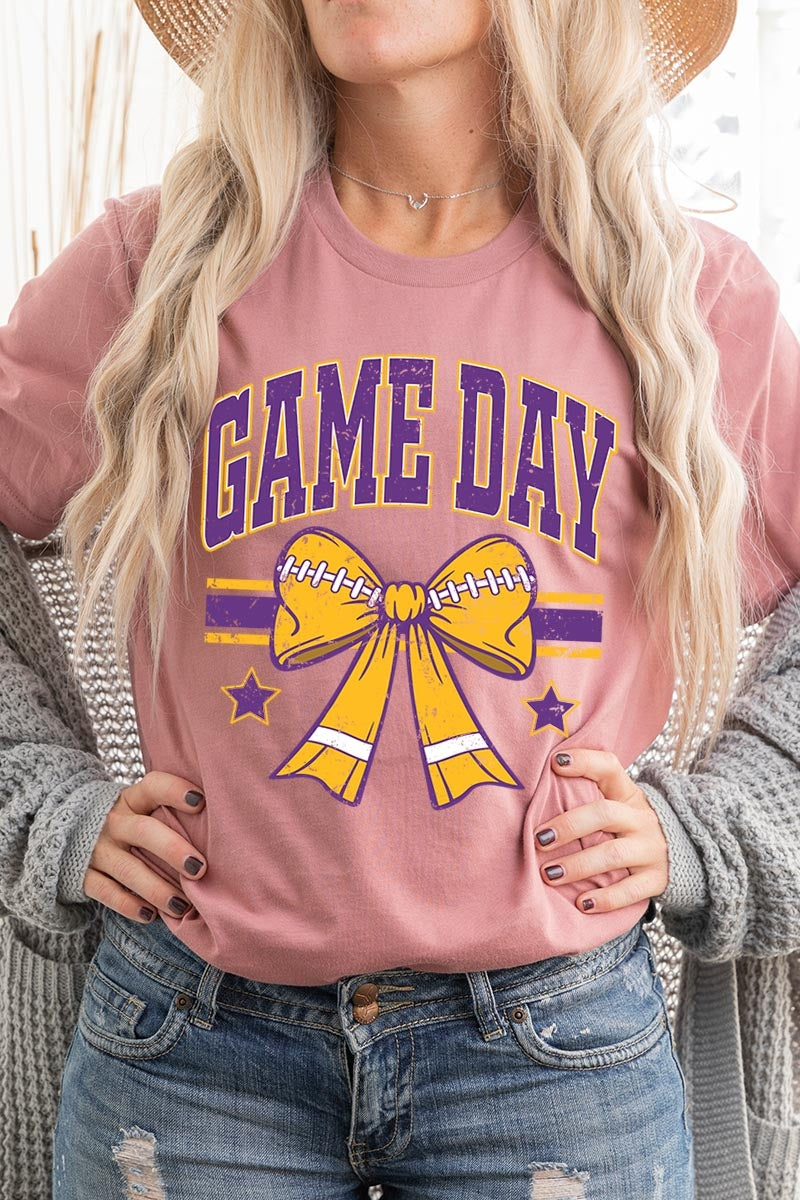 US3001P-E3063 Purple Game Day Football Bow Graphic Plus Tee $16