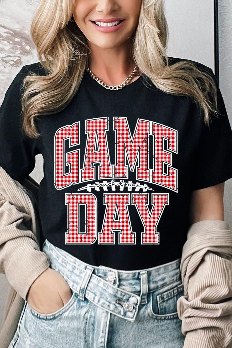 US3001-E3126 Red Gingham Game Day Graphic Tee $12.5