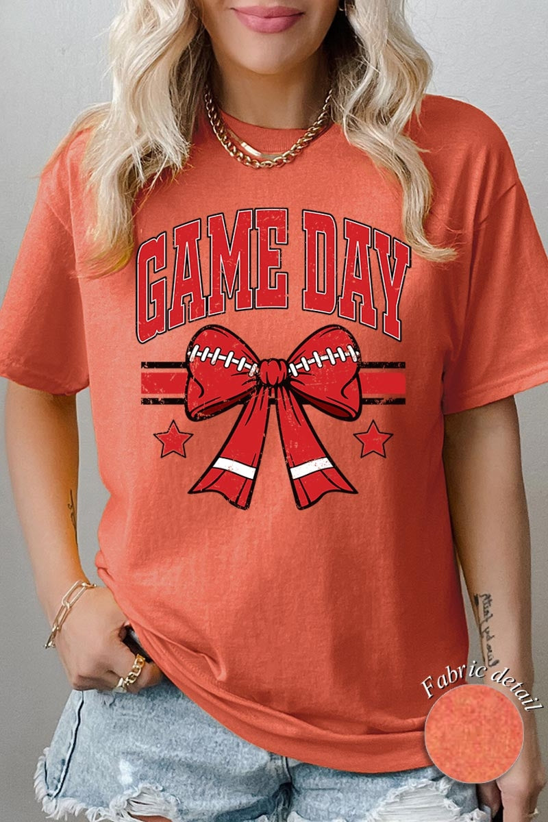 5000-E3062 Red Game Day Football Bow Graphic Heavy Cotton Tee $9